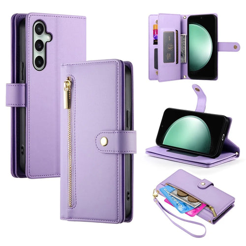 For Samsung Galaxy S25 FE Case Zipper Pocket Wallet Leather Phone Cover with Straps - Purple - 1