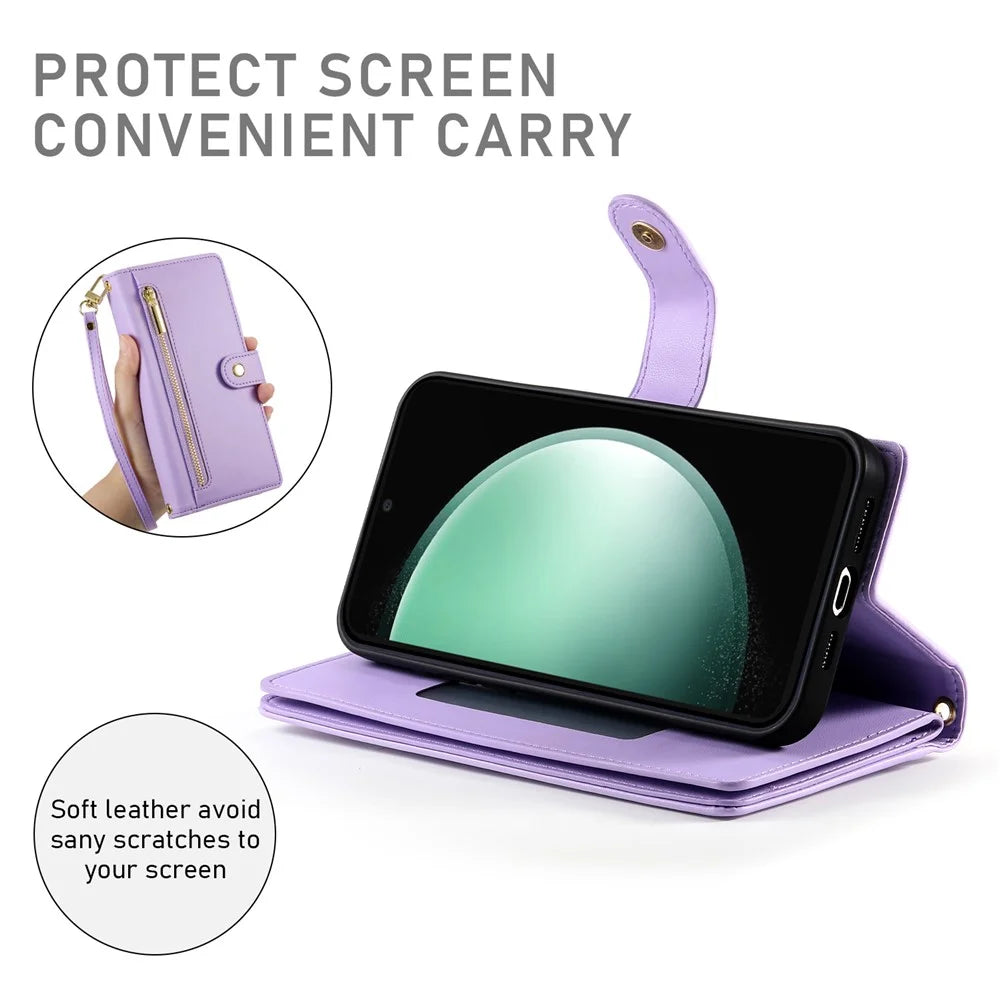 For Samsung Galaxy S25 FE Case Zipper Pocket Wallet Leather Phone Cover with Straps - Purple - 3