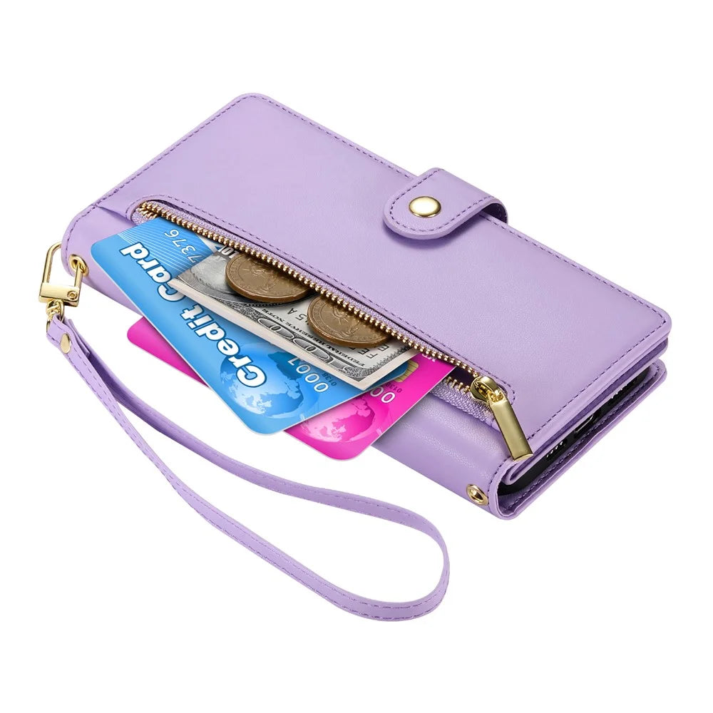 For Samsung Galaxy S25 FE Case Zipper Pocket Wallet Leather Phone Cover with Straps - Purple - 5
