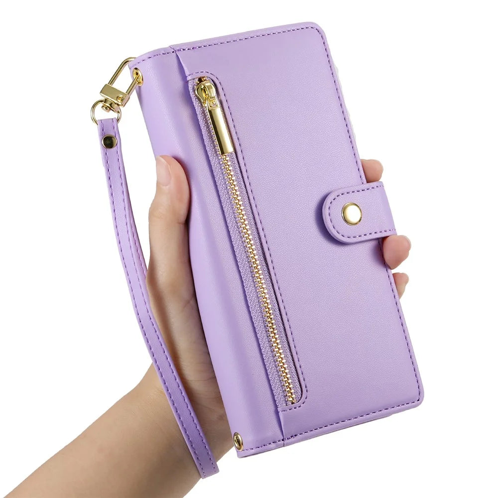 For Samsung Galaxy S25 FE Case Zipper Pocket Wallet Leather Phone Cover with Straps - Purple - 6