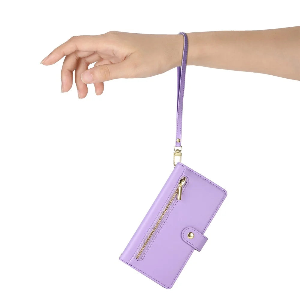 For Samsung Galaxy S25 FE Case Zipper Pocket Wallet Leather Phone Cover with Straps - Purple - 7
