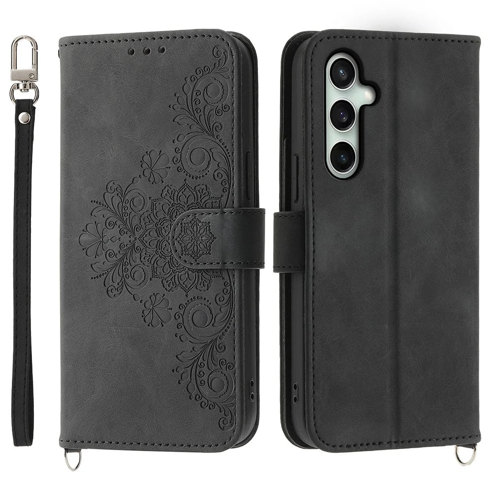 For Samsung Galaxy S25 FE Case Flower Pattern PU Leather Wallet Phone Cover with Strap - Black - 1