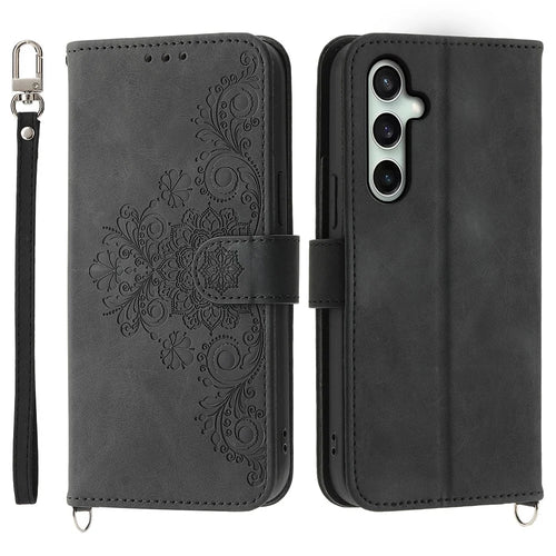 For Samsung Galaxy S25 FE Case Flower Pattern PU Leather Wallet Phone Cover with Strap - Black - 1