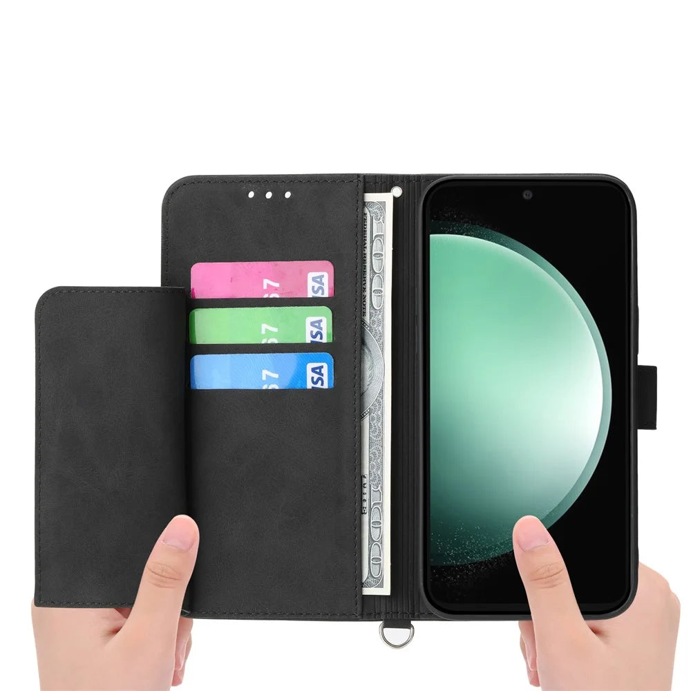 For Samsung Galaxy S25 FE Case Flower Pattern PU Leather Wallet Phone Cover with Strap - Black - 4