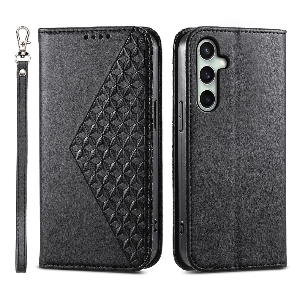 For Samsung Galaxy S25 FE Case Calf Texture PU Leather Wallet Phone Cover with Wrist Strap - Black - 1