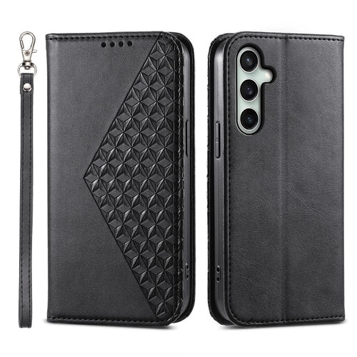 For Samsung Galaxy S25 FE Case Calf Texture PU Leather Wallet Phone Cover with Wrist Strap - Black - 1