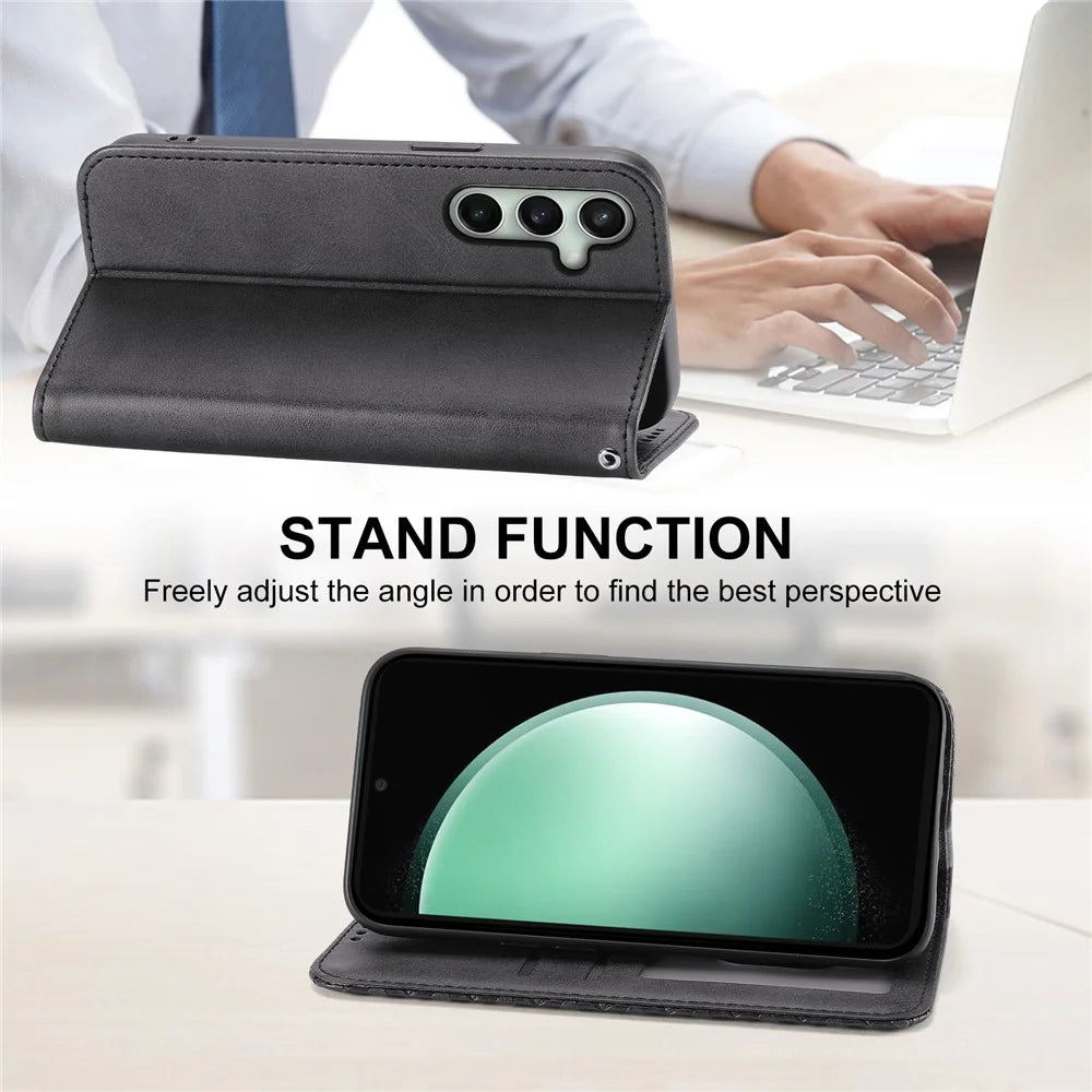 For Samsung Galaxy S25 FE Case Calf Texture PU Leather Wallet Phone Cover with Wrist Strap - Black - 3