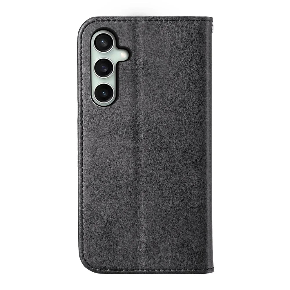 For Samsung Galaxy S25 FE Case Calf Texture PU Leather Wallet Phone Cover with Wrist Strap - Black - 7