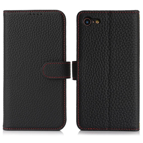 For iPhone SE (2022)  /  (2020)  /  8  /  7 Stand Case Litchi Texture Genuine Cow Leather Wallet Phone Cover RFID Blocking - Black  /  Red - 1