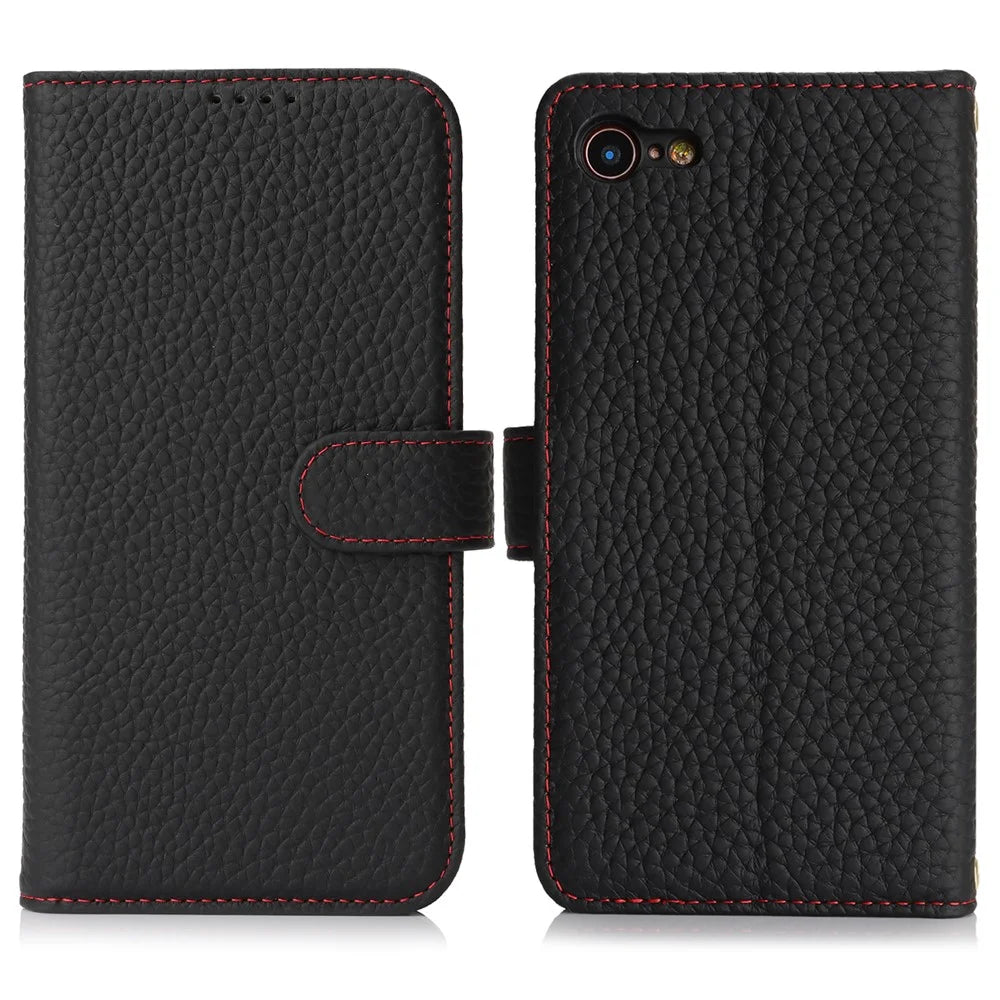 For iPhone SE (2022)  /  (2020)  /  8  /  7 Stand Case Litchi Texture Genuine Cow Leather Wallet Phone Cover RFID Blocking - Black  /  Red - 1