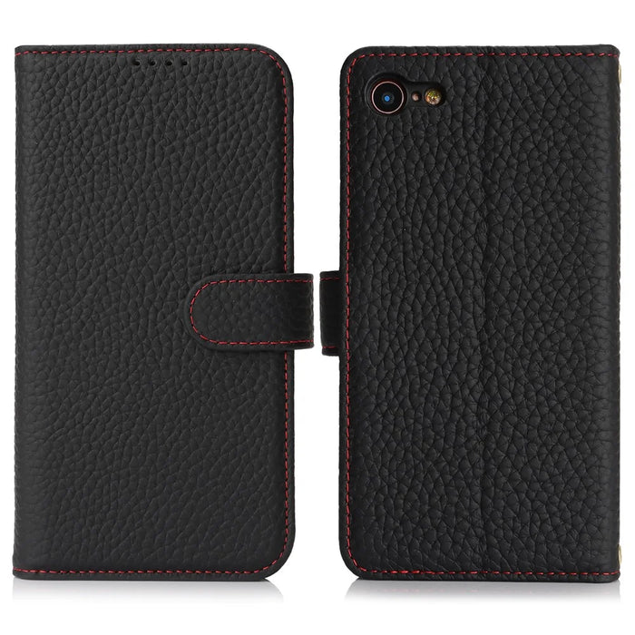 For iPhone SE (2022)  /  (2020)  /  8  /  7 Stand Case Litchi Texture Genuine Cow Leather Wallet Phone Cover RFID Blocking - Black  /  Red - 1