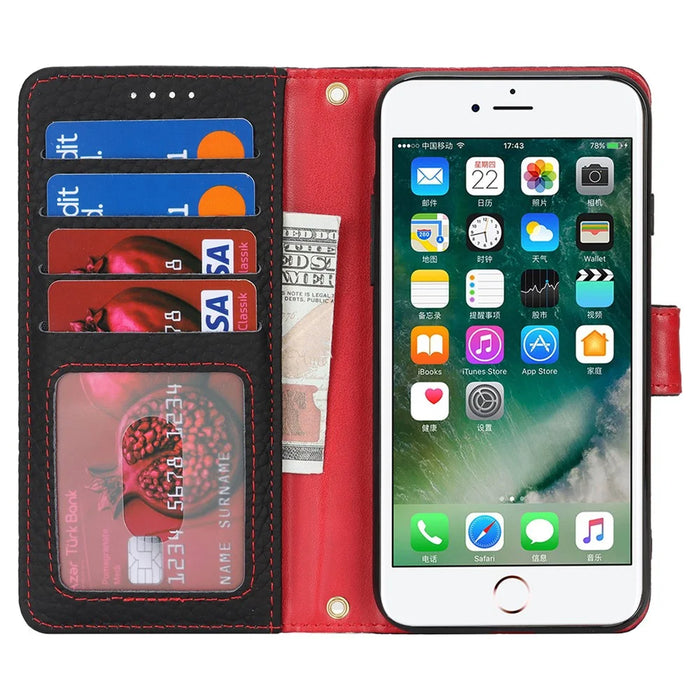 For iPhone SE (2022)  /  (2020)  /  8  /  7 Stand Case Litchi Texture Genuine Cow Leather Wallet Phone Cover RFID Blocking - Black  /  Red - 2