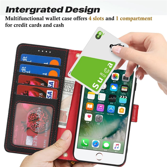 For iPhone SE (2022)  /  (2020)  /  8  /  7 Stand Case Litchi Texture Genuine Cow Leather Wallet Phone Cover RFID Blocking - Black  /  Red - 6