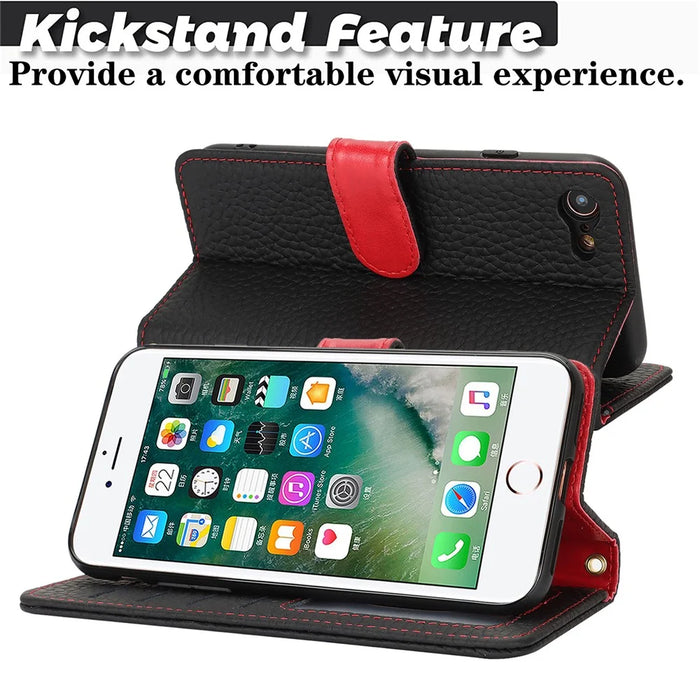 For iPhone SE (2022)  /  (2020)  /  8  /  7 Stand Case Litchi Texture Genuine Cow Leather Wallet Phone Cover RFID Blocking - Black  /  Red - 7