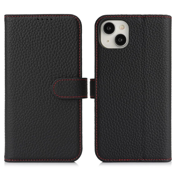 For iPhone 14  /  13 Stand Case Litchi Texture Genuine Cow Leather Wallet Phone Cover RFID Blocking - Black  /  Red - 1