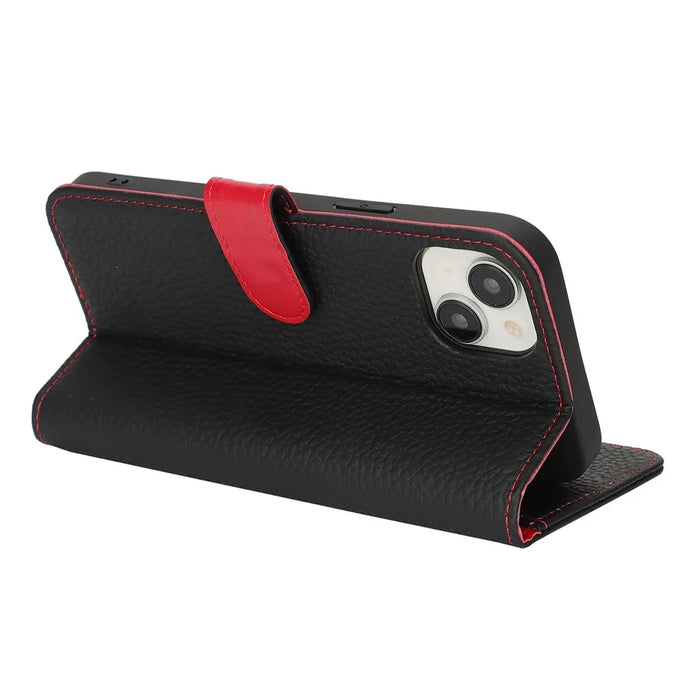 For iPhone 14  /  13 Stand Case Litchi Texture Genuine Cow Leather Wallet Phone Cover RFID Blocking - Black  /  Red - 4