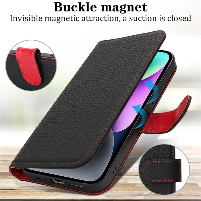 For iPhone 14  /  13 Stand Case Litchi Texture Genuine Cow Leather Wallet Phone Cover RFID Blocking - Black  /  Red - 6