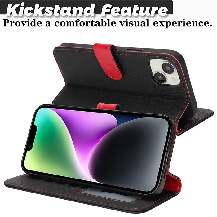 For iPhone 14  /  13 Stand Case Litchi Texture Genuine Cow Leather Wallet Phone Cover RFID Blocking - Black  /  Red - 7