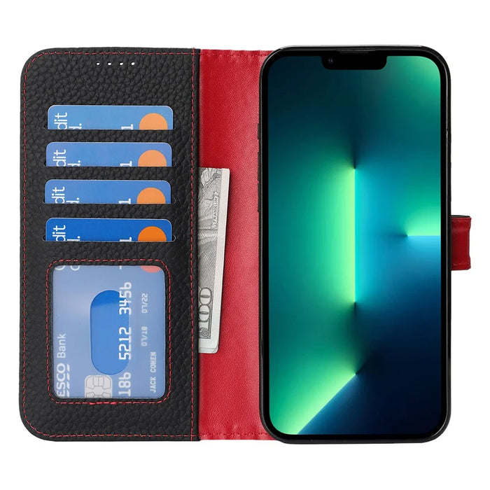 For iPhone 13 Pro Max  /  12 Pro Max Stand Case Litchi Texture Genuine Cow Leather Wallet Phone Cover RFID Blocking - Black  /  Red - 2