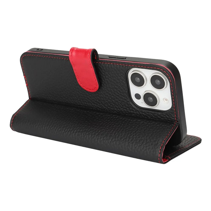 For iPhone 13 Pro Max  /  12 Pro Max Stand Case Litchi Texture Genuine Cow Leather Wallet Phone Cover RFID Blocking - Black  /  Red - 3