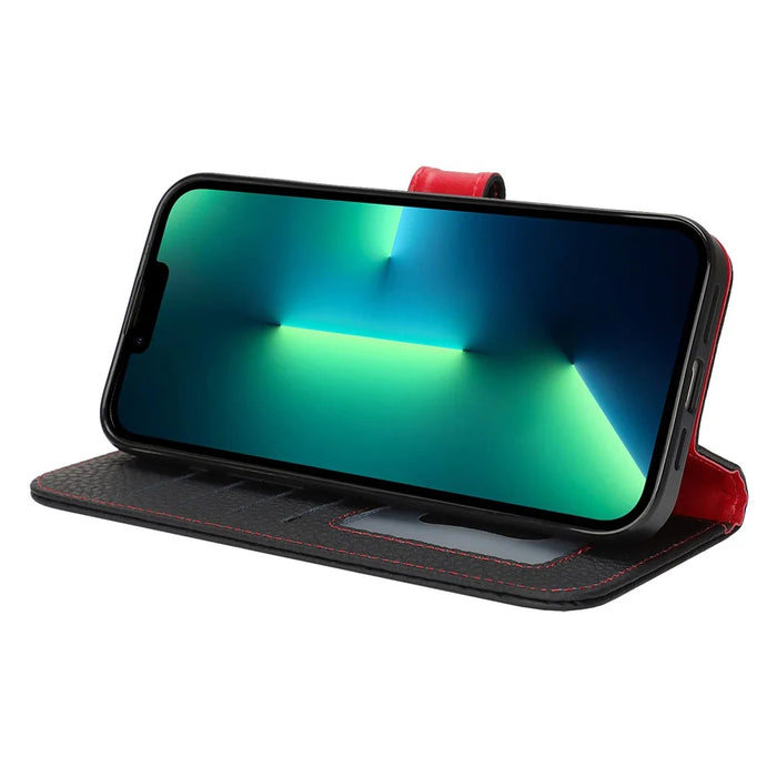 For iPhone 13 Pro Max  /  12 Pro Max Stand Case Litchi Texture Genuine Cow Leather Wallet Phone Cover RFID Blocking - Black  /  Red - 4