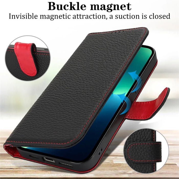 For iPhone 13 Pro Max  /  12 Pro Max Stand Case Litchi Texture Genuine Cow Leather Wallet Phone Cover RFID Blocking - Black  /  Red - 5