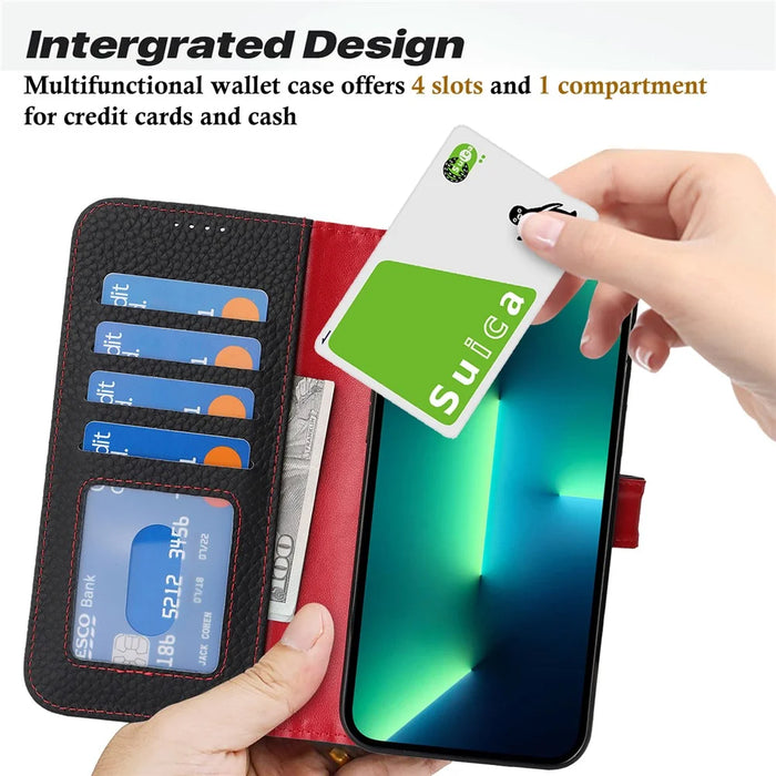 For iPhone 13 Pro Max  /  12 Pro Max Stand Case Litchi Texture Genuine Cow Leather Wallet Phone Cover RFID Blocking - Black  /  Red - 6