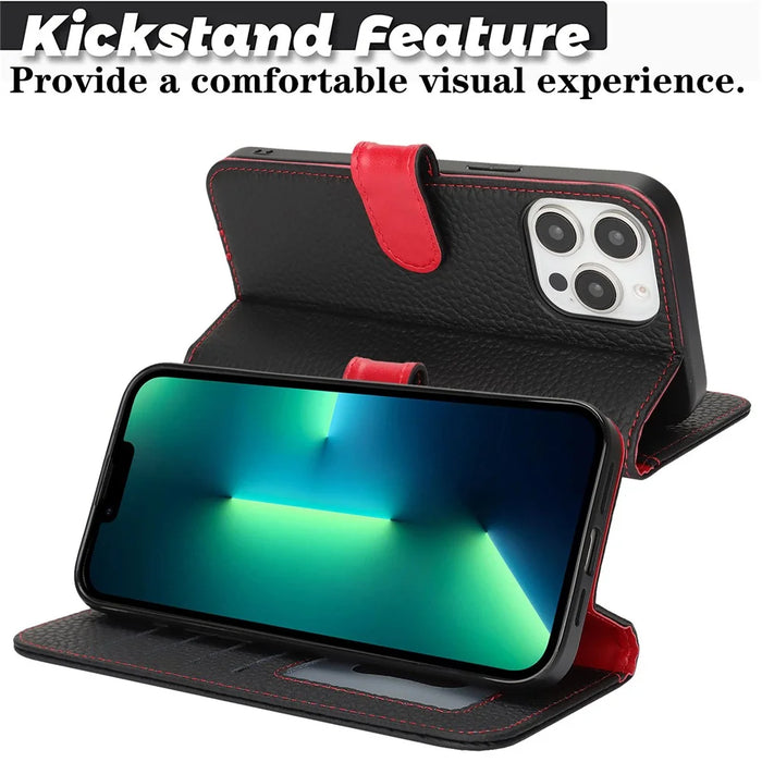 For iPhone 13 Pro Max  /  12 Pro Max Stand Case Litchi Texture Genuine Cow Leather Wallet Phone Cover RFID Blocking - Black  /  Red - 7