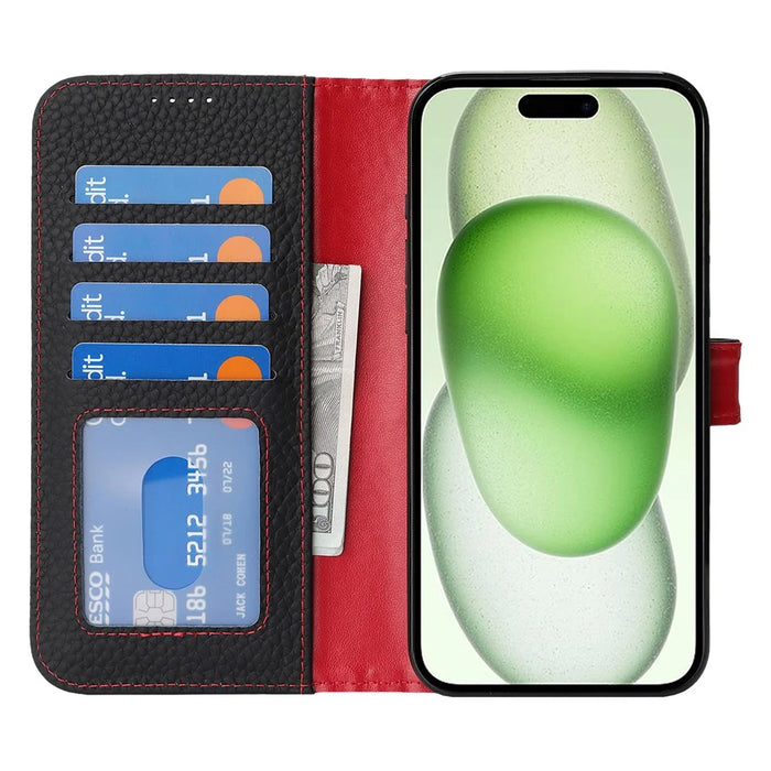 For iPhone 15 Plus  /  14 Plus Stand Case Litchi Texture Genuine Cow Leather Wallet Phone Cover RFID Blocking - Black  /  Red - 2