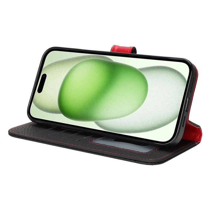 For iPhone 15 Plus  /  14 Plus Stand Case Litchi Texture Genuine Cow Leather Wallet Phone Cover RFID Blocking - Black  /  Red - 3