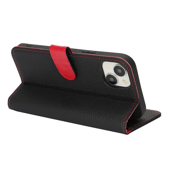 For iPhone 15 Plus  /  14 Plus Stand Case Litchi Texture Genuine Cow Leather Wallet Phone Cover RFID Blocking - Black  /  Red - 4