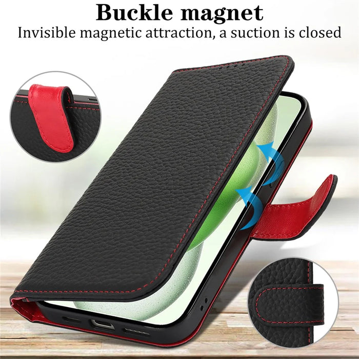For iPhone 15 Plus  /  14 Plus Stand Case Litchi Texture Genuine Cow Leather Wallet Phone Cover RFID Blocking - Black  /  Red - 5