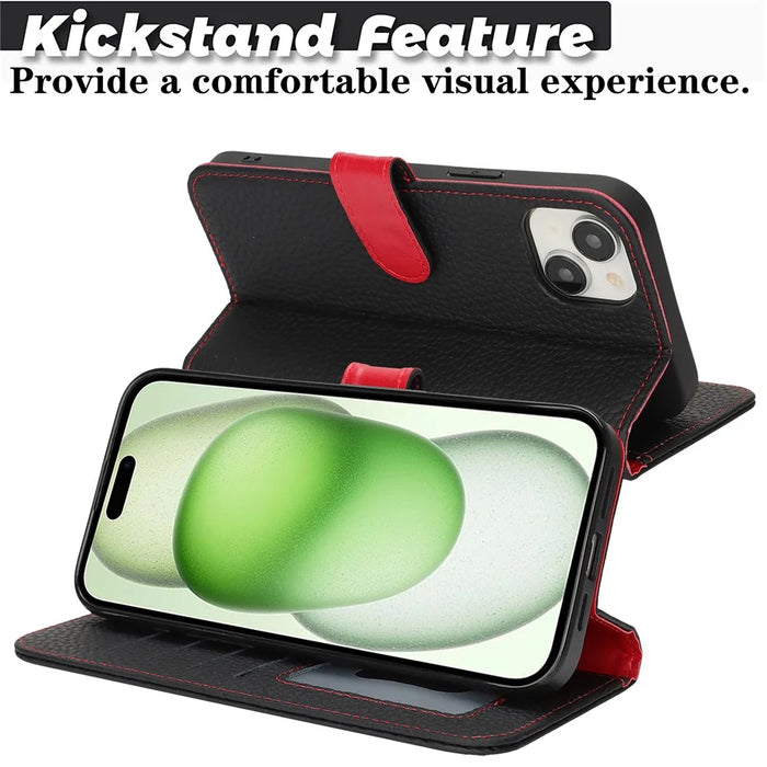 For iPhone 15 Plus  /  14 Plus Stand Case Litchi Texture Genuine Cow Leather Wallet Phone Cover RFID Blocking - Black  /  Red - 7