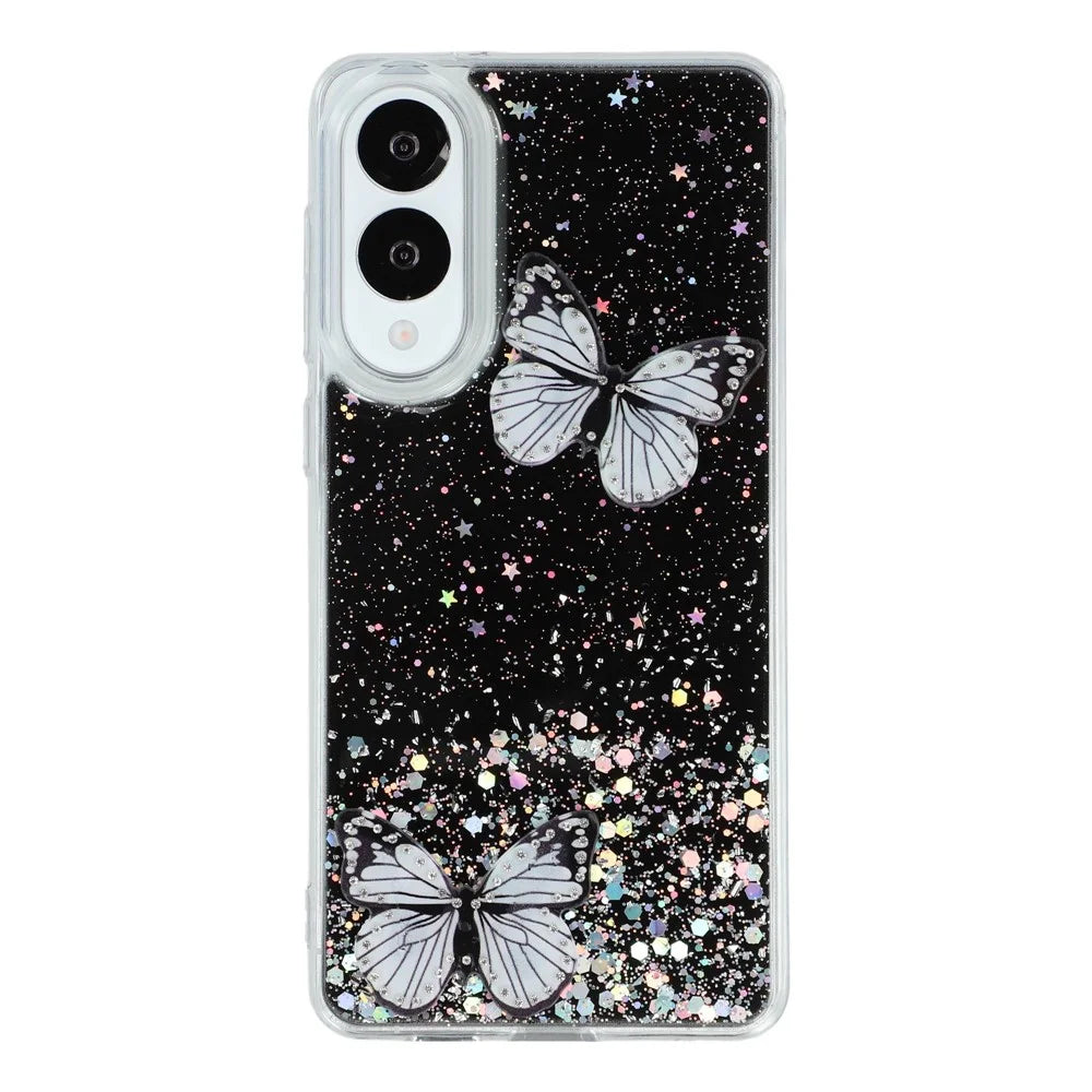 For Samsung Galaxy S25 Edge Case Epoxy PVC Butterfly TPU Aesthetics Phone Cover - Black - 2