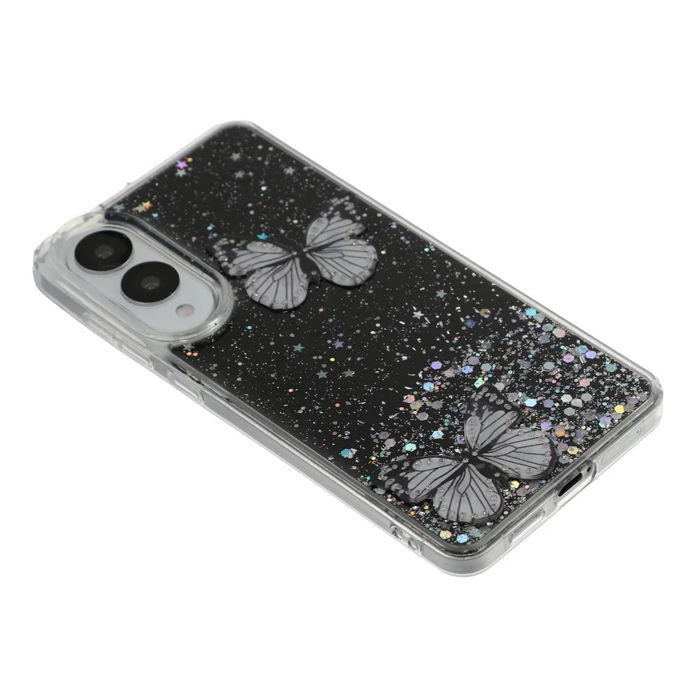 For Samsung Galaxy S25 Edge Case Epoxy PVC Butterfly TPU Aesthetics Phone Cover - Black - 3