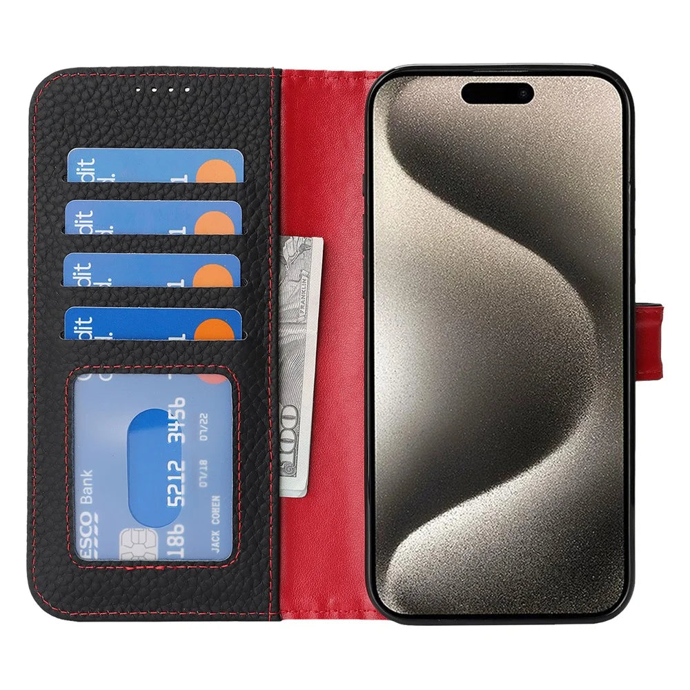 For iPhone 15 Pro Stand Case Litchi Texture Genuine Cow Leather Wallet Phone Cover RFID Blocking - Black  /  Red - 2