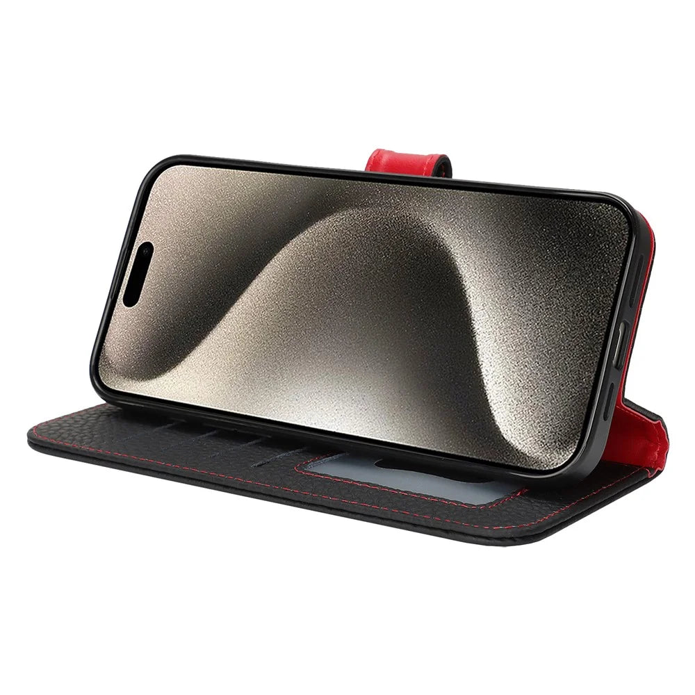 For iPhone 15 Pro Stand Case Litchi Texture Genuine Cow Leather Wallet Phone Cover RFID Blocking - Black  /  Red - 4