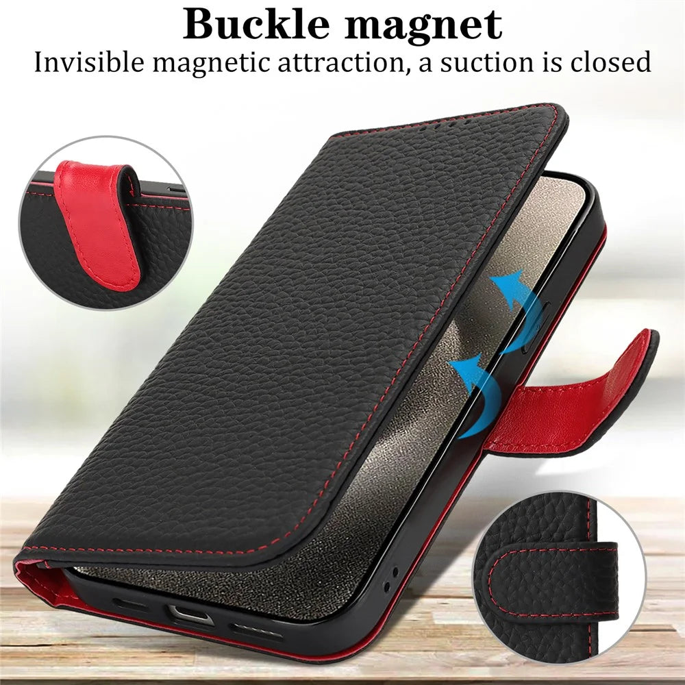 For iPhone 15 Pro Stand Case Litchi Texture Genuine Cow Leather Wallet Phone Cover RFID Blocking - Black  /  Red - 5