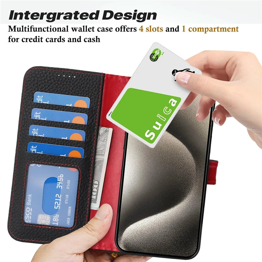 For iPhone 15 Pro Stand Case Litchi Texture Genuine Cow Leather Wallet Phone Cover RFID Blocking - Black  /  Red - 6