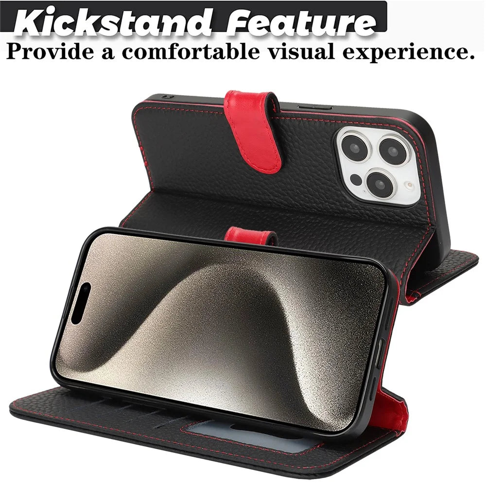 For iPhone 15 Pro Stand Case Litchi Texture Genuine Cow Leather Wallet Phone Cover RFID Blocking - Black  /  Red - 7