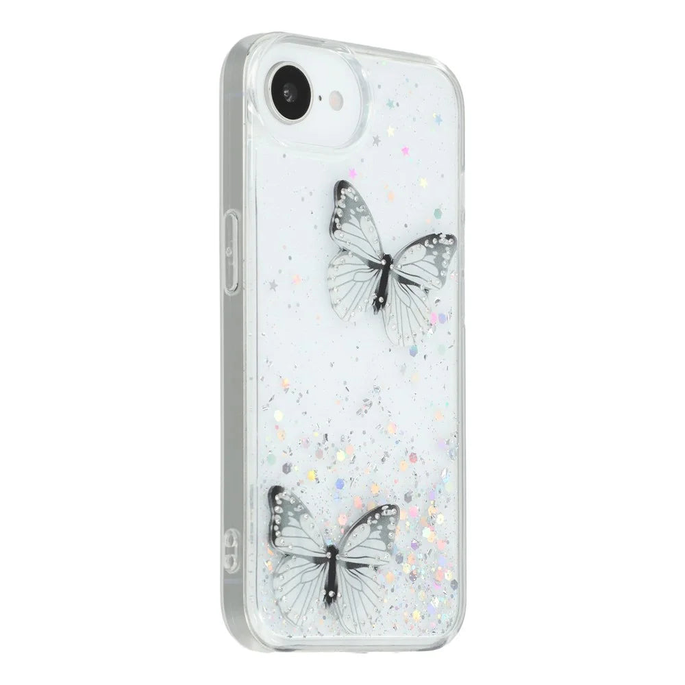 For iPhone 17e / 16e Case Epoxy PVC Butterfly TPU Aesthetics Phone Cover - White - 1
