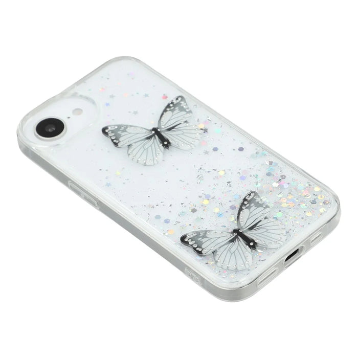 For iPhone 17e / 16e Case Epoxy PVC Butterfly TPU Aesthetics Phone Cover - White - 3