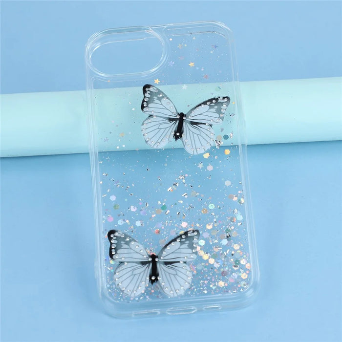 For iPhone 17e / 16e Case Epoxy PVC Butterfly TPU Aesthetics Phone Cover - White - 5