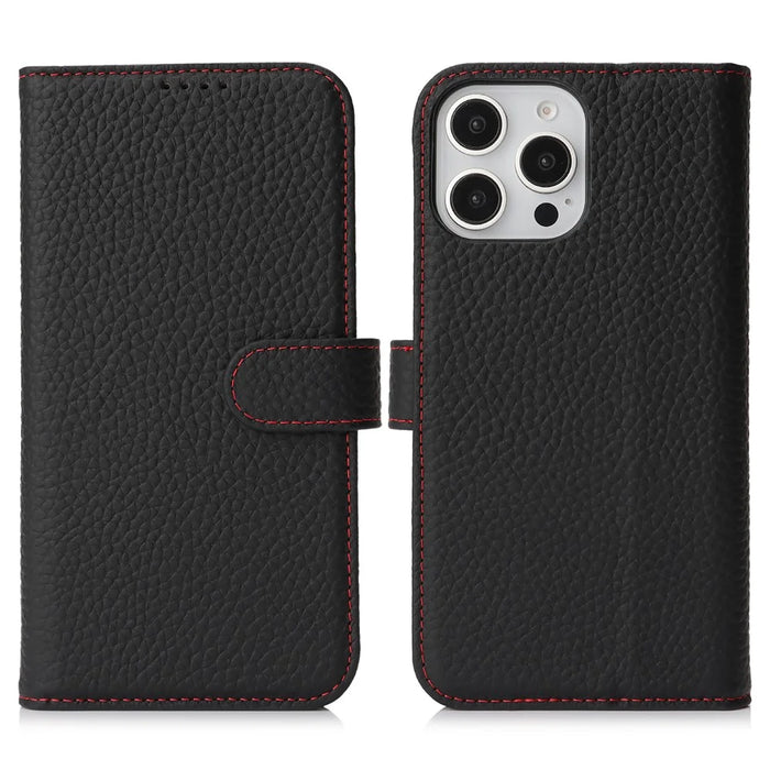 For iPhone 16 Pro Max Stand Case Litchi Texture Genuine Cow Leather Wallet Phone Cover RFID Blocking - Black  /  Red - 1