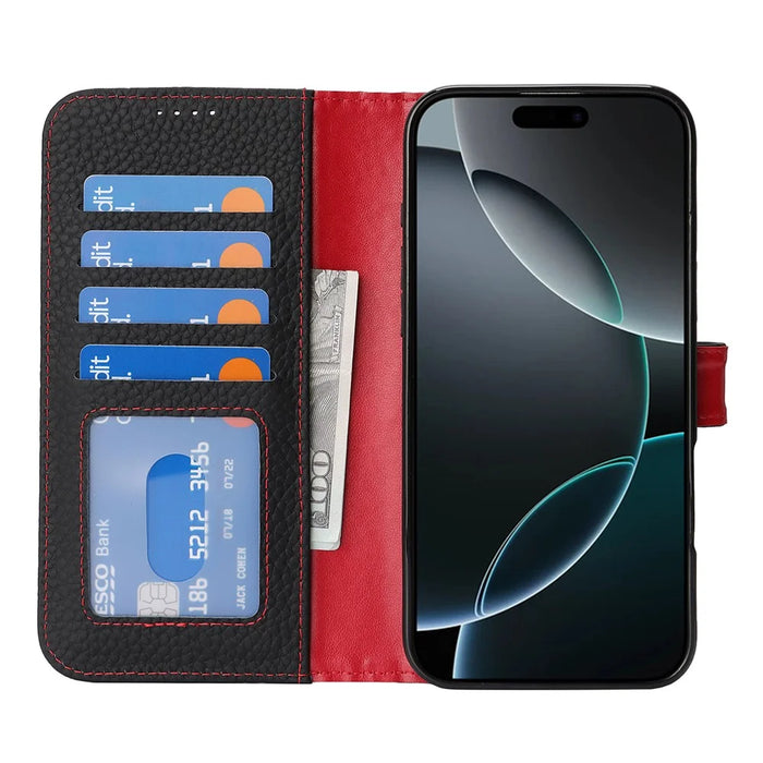 For iPhone 16 Pro Max Stand Case Litchi Texture Genuine Cow Leather Wallet Phone Cover RFID Blocking - Black  /  Red - 2