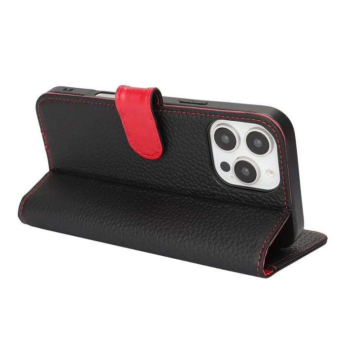 For iPhone 16 Pro Max Stand Case Litchi Texture Genuine Cow Leather Wallet Phone Cover RFID Blocking - Black  /  Red - 3