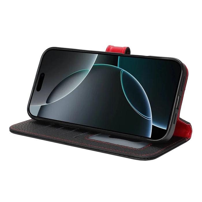 For iPhone 16 Pro Max Stand Case Litchi Texture Genuine Cow Leather Wallet Phone Cover RFID Blocking - Black  /  Red - 4