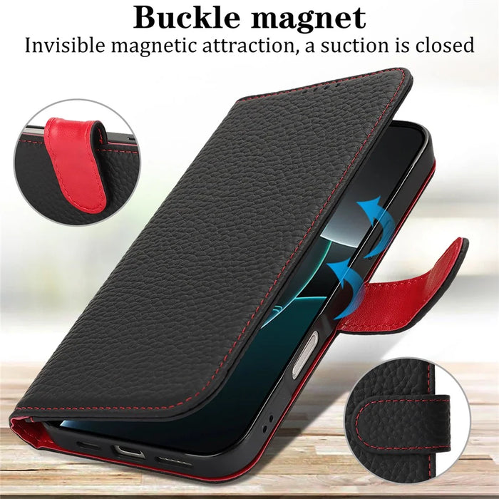 For iPhone 16 Pro Max Stand Case Litchi Texture Genuine Cow Leather Wallet Phone Cover RFID Blocking - Black  /  Red - 5