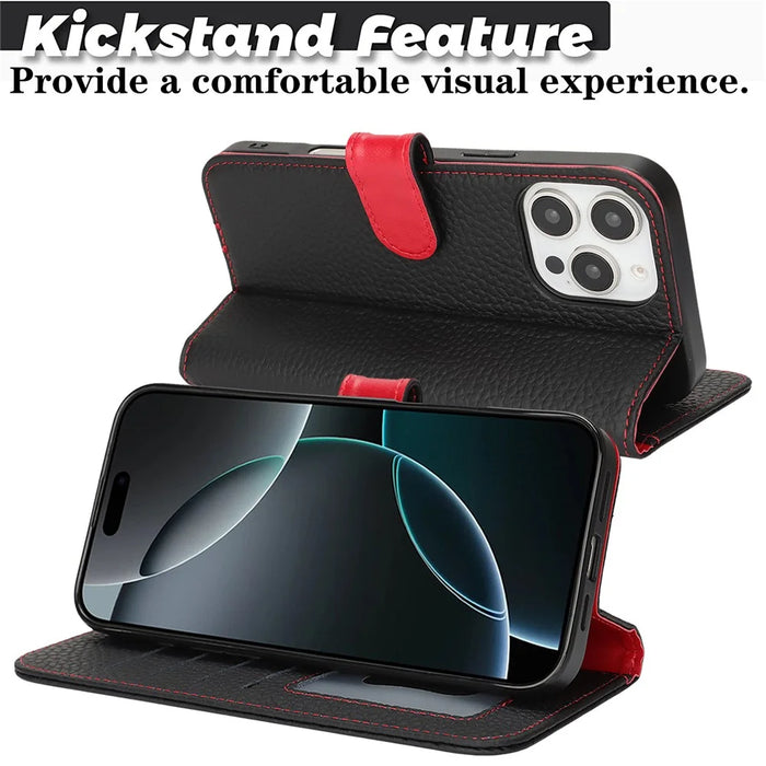 For iPhone 16 Pro Max Stand Case Litchi Texture Genuine Cow Leather Wallet Phone Cover RFID Blocking - Black  /  Red - 6