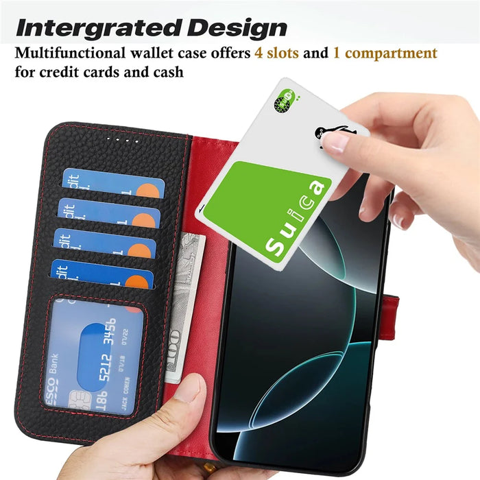 For iPhone 16 Pro Max Stand Case Litchi Texture Genuine Cow Leather Wallet Phone Cover RFID Blocking - Black  /  Red - 7